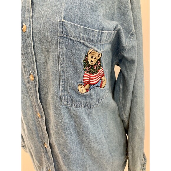 VTG Quizz NY Embroider Christmas Teddy Bear Jean Denim VTG Top Holly Polo Ralph - Picture 2 of 11